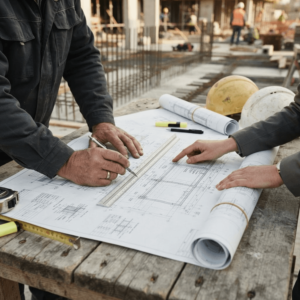 Engineers reviewing structural drawings on a construction site