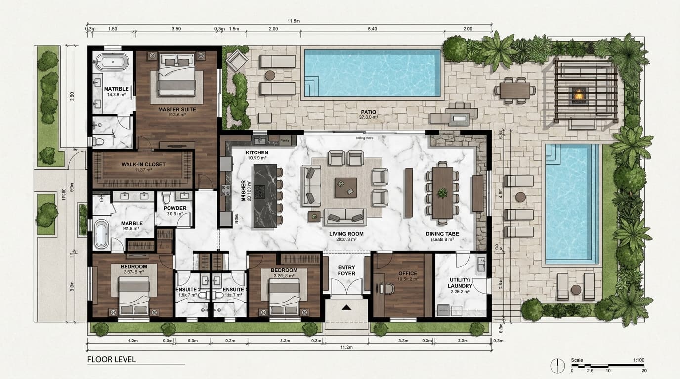 Photorealistic luxury villa floor plan layout and spatial zoning